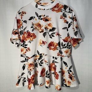 Shein Curve Cream Floral Short Sleeve Peplum Waist Blouse Size 2X